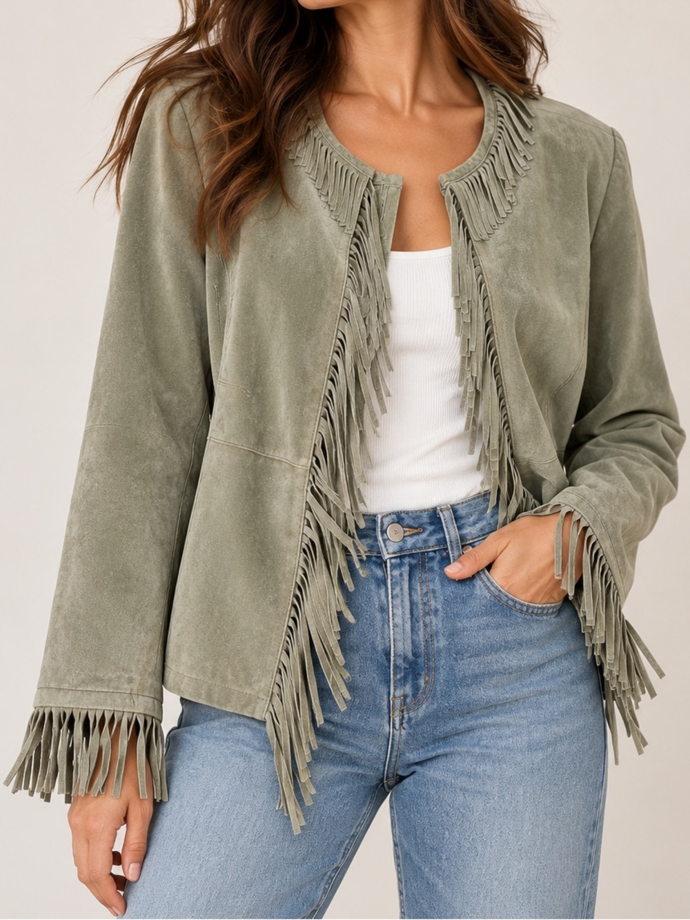 Guillaume Genuine Leather Suede Fringe Jacket Sage Green Western Boho M/L